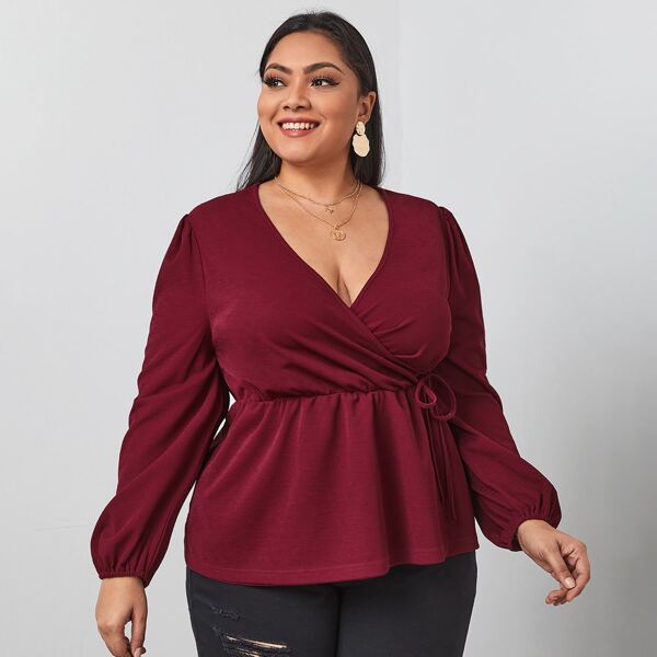 

Plus Tie Side Wrap Peplum Blouse, Burgundy