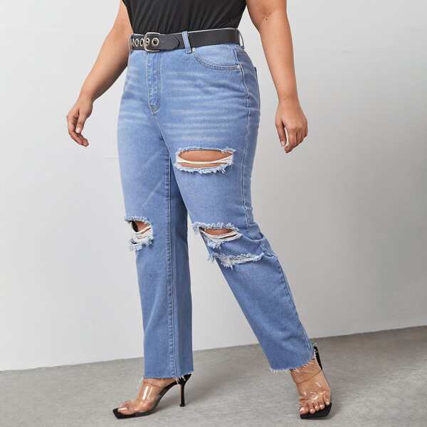

Plus High Waist Ripped Jeans Without Belt, Light wash