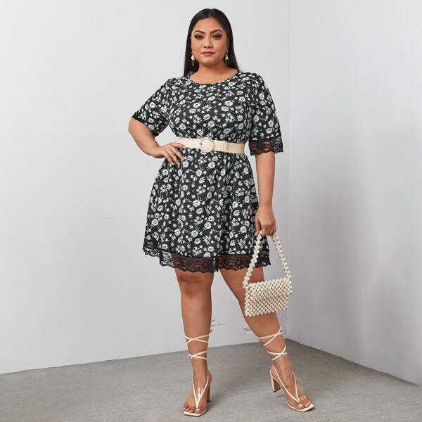 

Plus Lace Panel Floral Print Dress Without Belt, Multicolor
