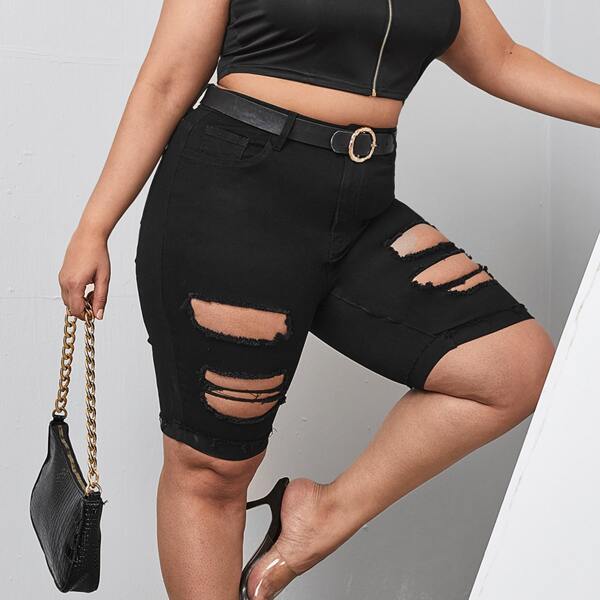 

Plus High Waist Ripped Skinny Denim Shorts, Black