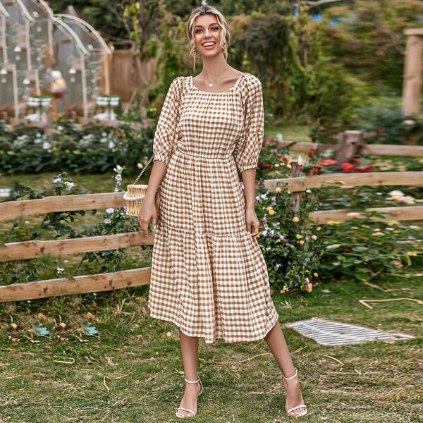 

Gingham Print Ruffle Hem Dress, Khaki