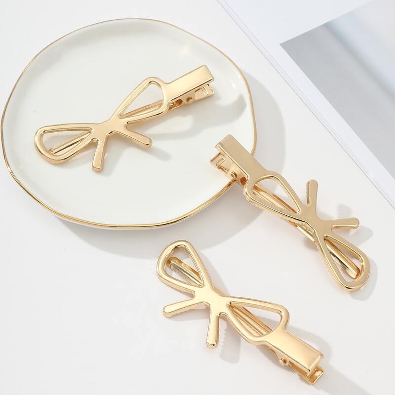 

3pcs Metal Bow Hair Clip, Gold