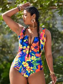 SHEIN Swim Curve Summer Plus Size Tropical & Floral Graphic One Piece Swimsuit - Multicolor - View 1