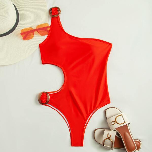

Buckle Decor One Shoulder One Piece Swimsuit, Orange