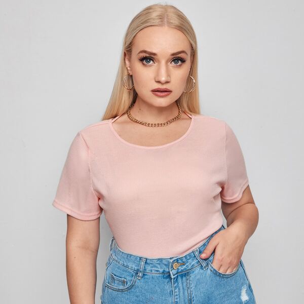 

Plus Criss Cross Back Solid Tee, Baby pink