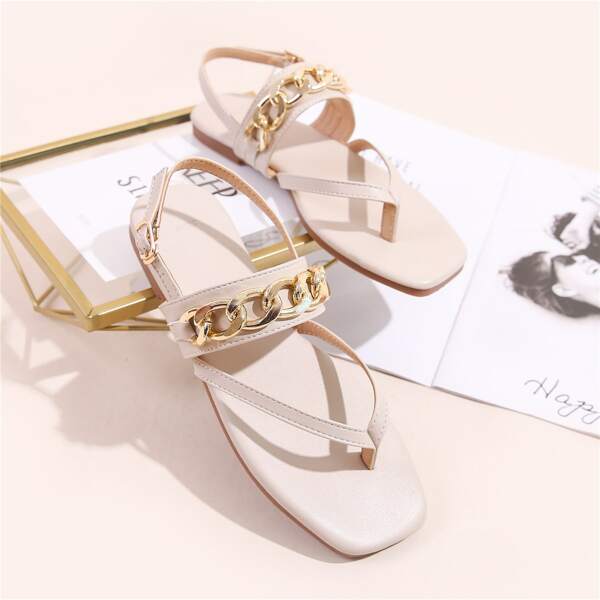 

Chain Decor Slingback Thong Sandals, Apricot