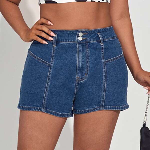 

Plus High Waist Denim Straight Shorts, Dark wash