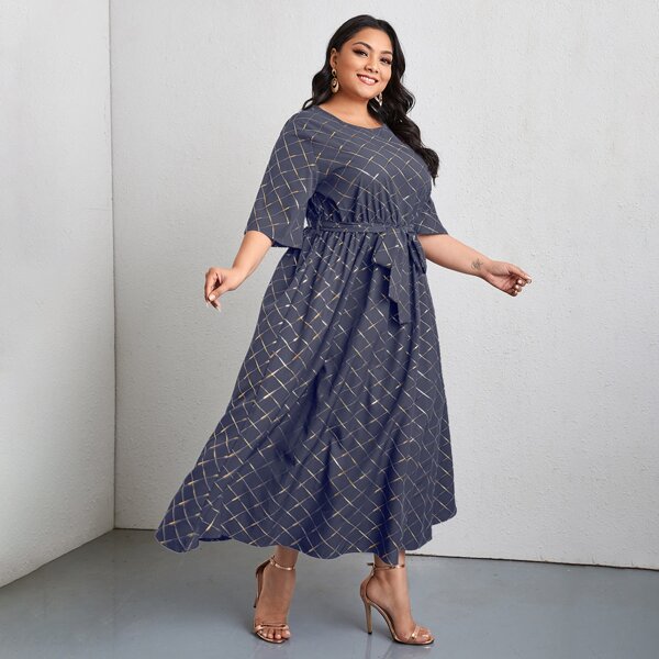 

Plus Gilding Plaid Belted A-line Dress, Navy blue