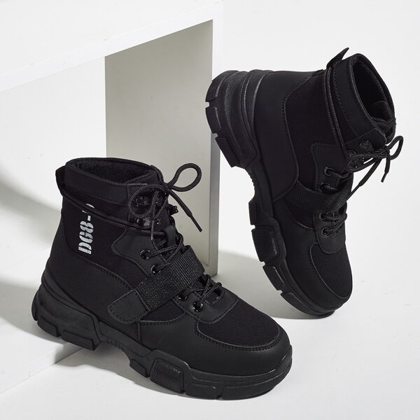 

Letter Graphic Lace-up Front Combat Boots, Black