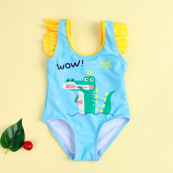 

Baby Girl Croc Print Ruffle One Piece Swimsuit, Blue