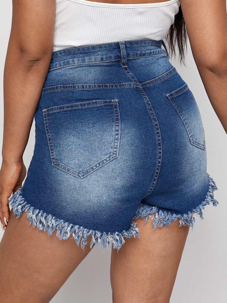 Shorts mezclilla con botón de cintura alta - Azul lavado medio - Añade 2