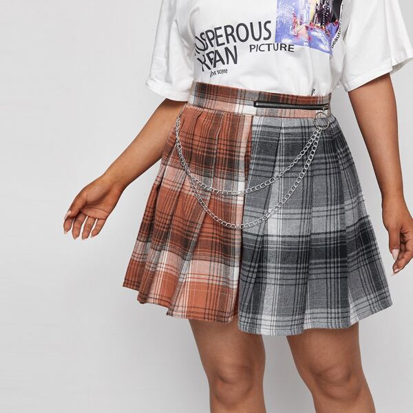 

Plus Plaid Colorblock Pleated Skirt With Chain, Multicolor