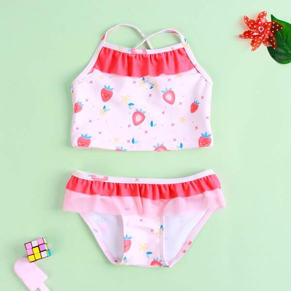 

Baby Girl Strawberry Print Bikini Swimsuit, Baby pink