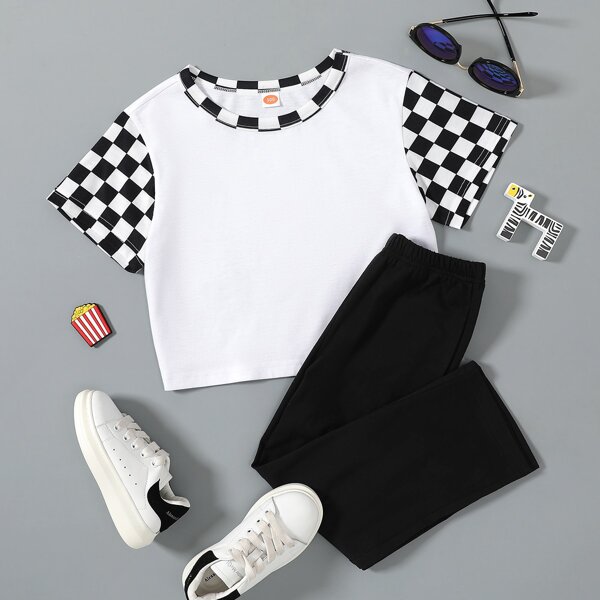 

Toddler Boys Plaid Sleeve Tee & Sweatpants, Black and white