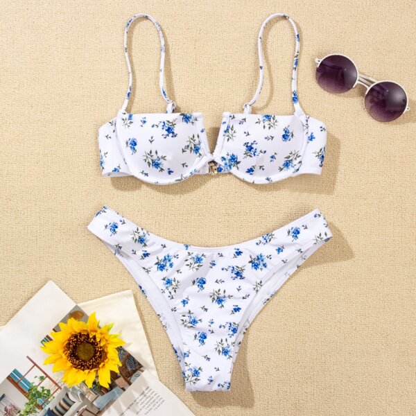 

Floral Print V Wired Underwire Bikini Swimsuit, Multicolor
