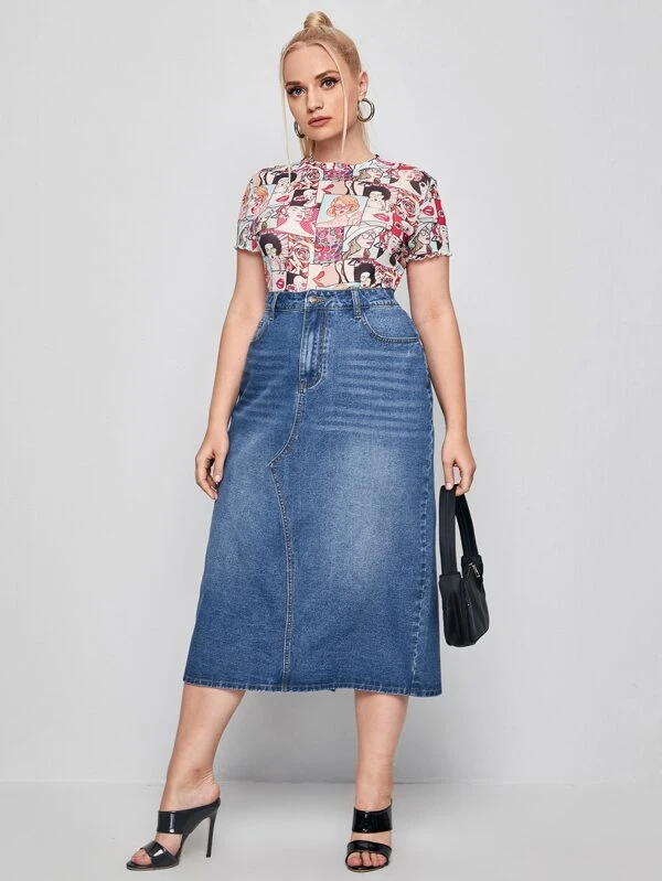 Plus Split Back Straight Denim Skirt