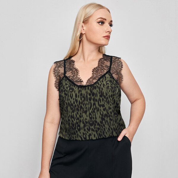 

Plus Lace Panel Allover Print Tank Top, Multicolor