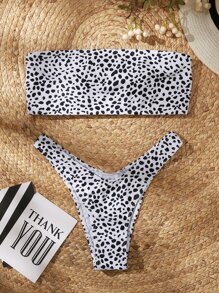 Swim Vcay Ensemble bikini bandeau à imprimé dalmatien pour la plage d'été - Noir et Blanc - Voir 2