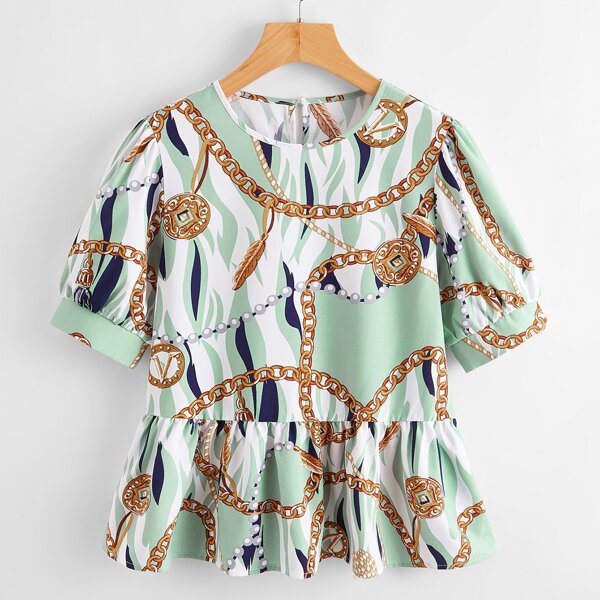 

Chain Print Ruffle Hem Blouse, Multicolor