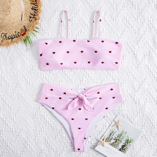 

Heart Print Knot Front Bikini Swimsuit, Baby pink