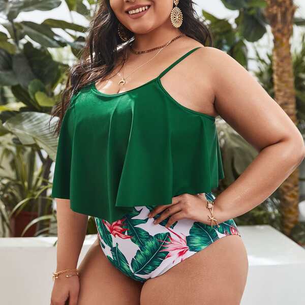 

Plus Tropical Hanky Hem One Piece Swimsuit, Green