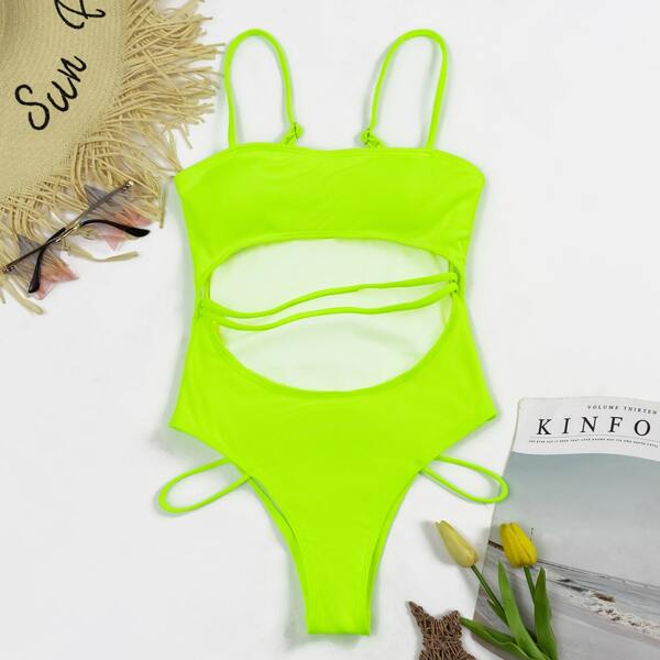 

Neon Lime Cut-out One Piece Swimsuit, Neon lime green