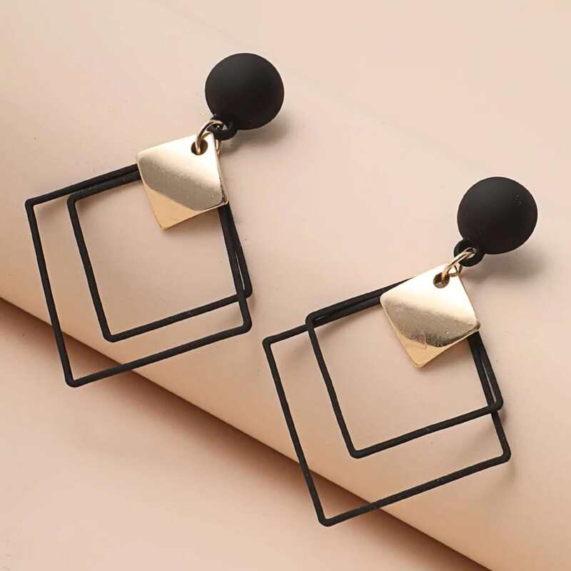 

Layered Square Drop Earrings, Black