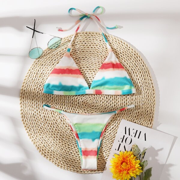 

Colorblock Rib Triangle Thong Bikini Swimsuit, Multicolor