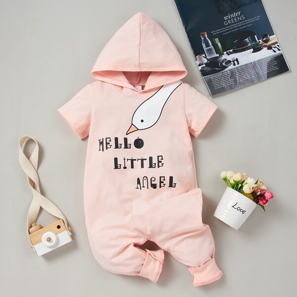 

Baby Girl Cartoon Graphic Hooded Jumpsuit, Baby pink