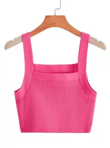 SHEIN Unity Knit ngọn Gân đan màu trơn Giải trí - Màu Hồng Tươi - Xem 1