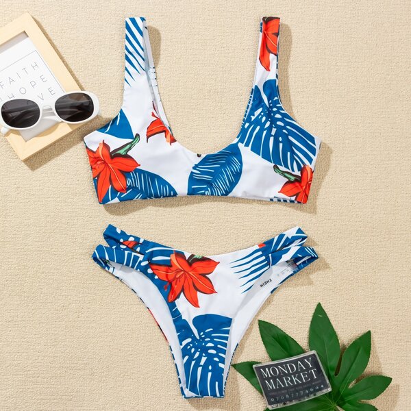 

Random Tropical Print Bikini Swimsuit, Multicolor