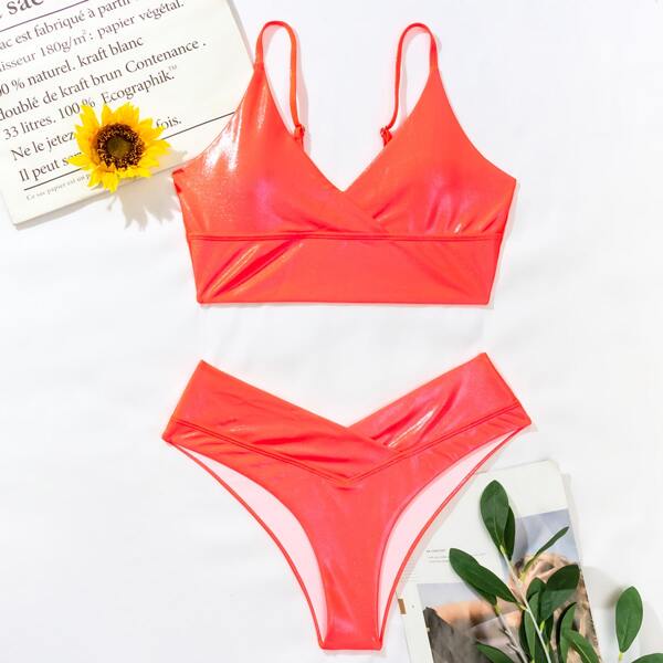 

Metallic V Neck Bikini Swimsuit, Watermelon pink