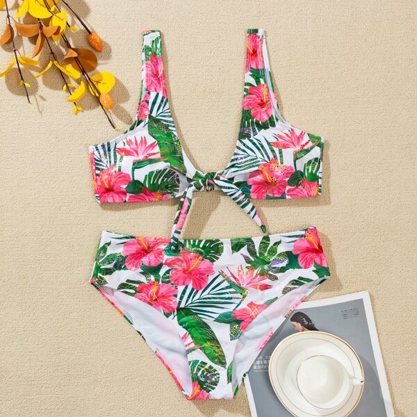 

Random Floral & Tropical Knot Front Bikini Swimsuit, Multicolor