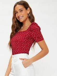 Mulvari 泡泡袖滿版心形圖案上衣 - 紅色 - 查看 4