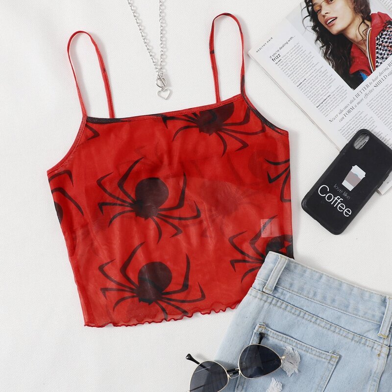 

Spider Print Lettuce Trim Mesh Cami Top, Red