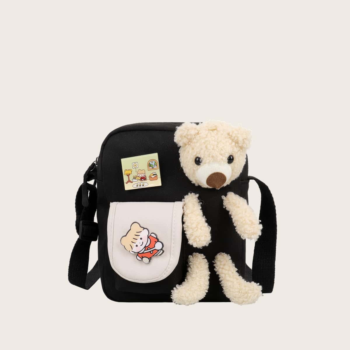 

Bear Insert Cartoon Crossbody Bag, Black