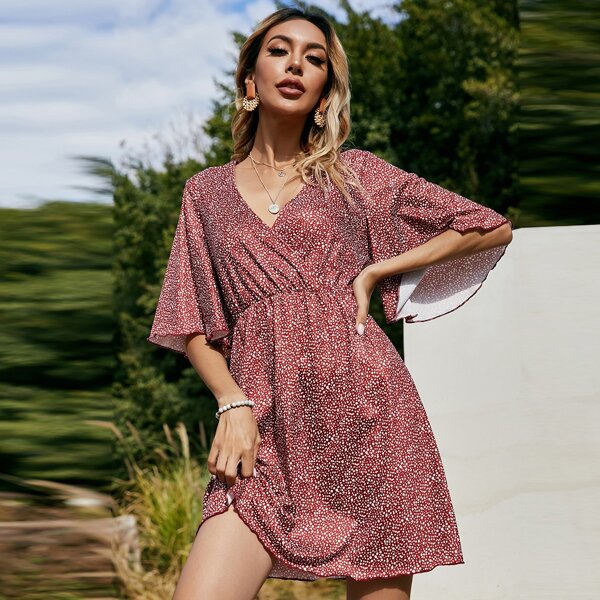 

Confetti Print Surplice Neck Butterfly Sleeve A-line Dress, Burgundy