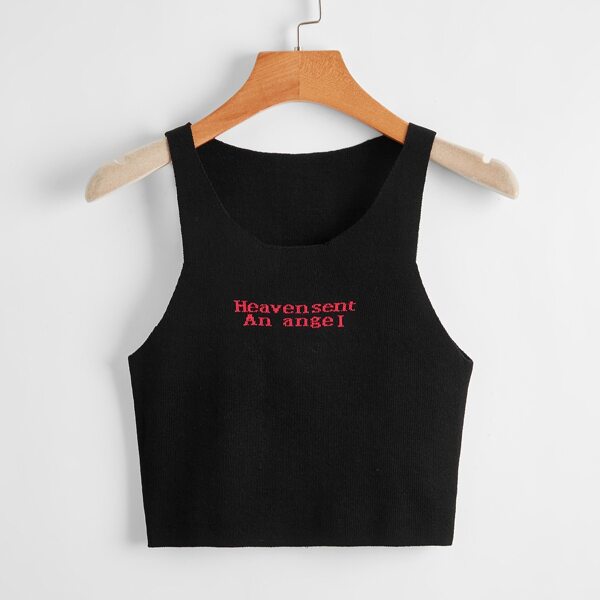 

Slogan Pattern Knit Tank Top, Black