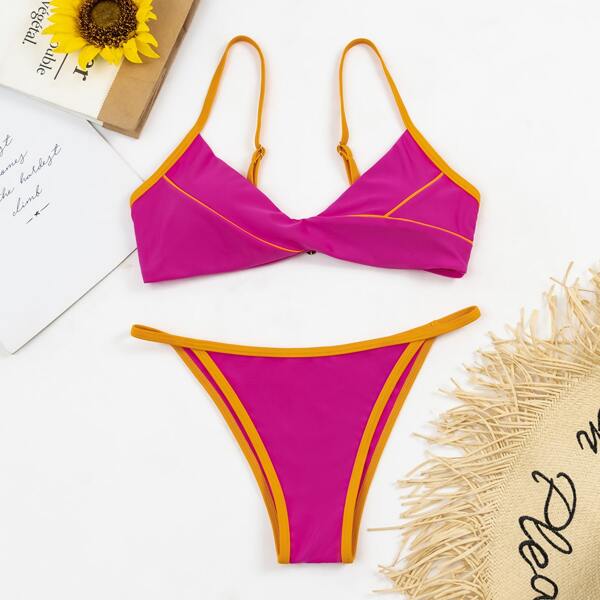 

Contrast Binding Thong Bikini Swimsuit, Hot pink