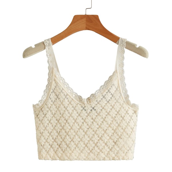 

Solid Lace Trim Cami Top, Beige