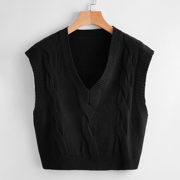 

V Neck Solid Cable Knit Top, Black