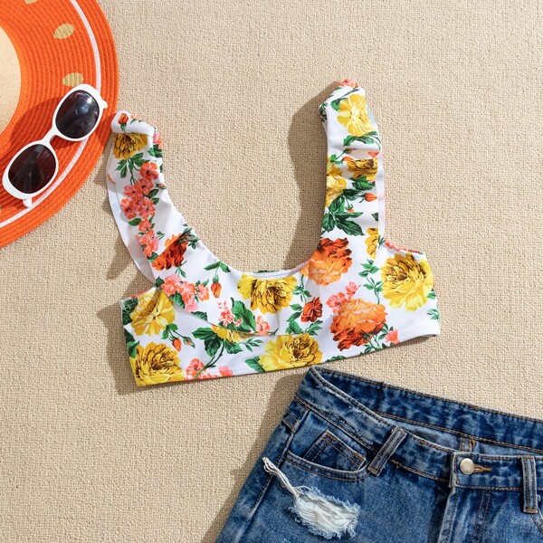 

Floral Ruffle Hem Bikini Top, Multicolor