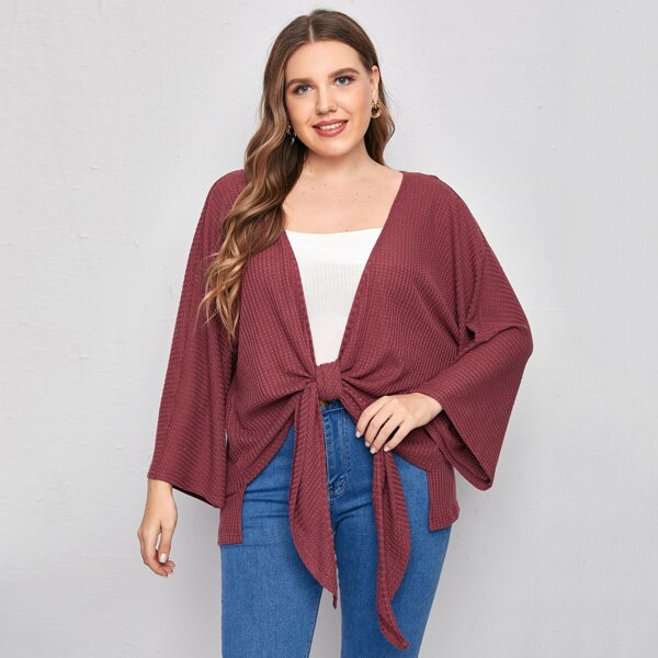 

Plus Batwing Sleeve Tie Front Kimono, Maroon