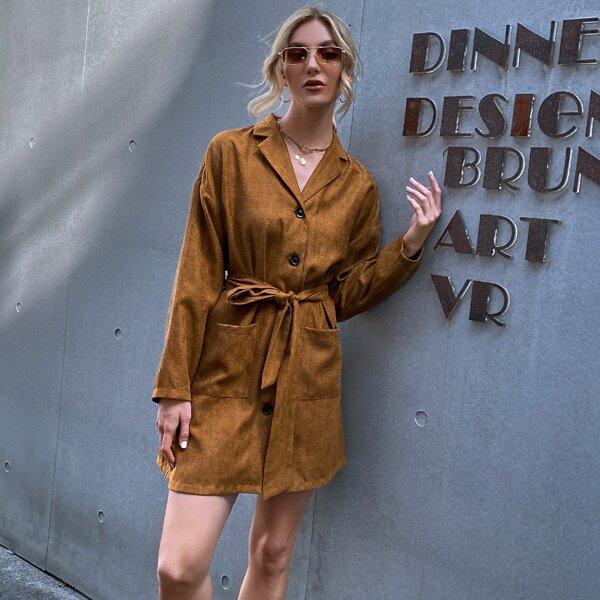 

Drop Shoulder Pocket Belted Shirt Dress, Brown