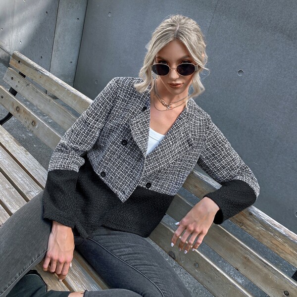 

Double Button Plaid Tweed Jacket, Black and white