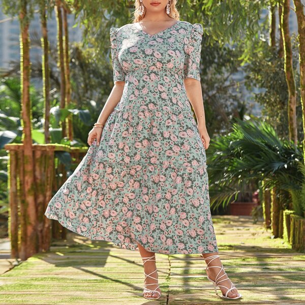 

Plus Floral Print Puff Sleeve Dress, Multicolor