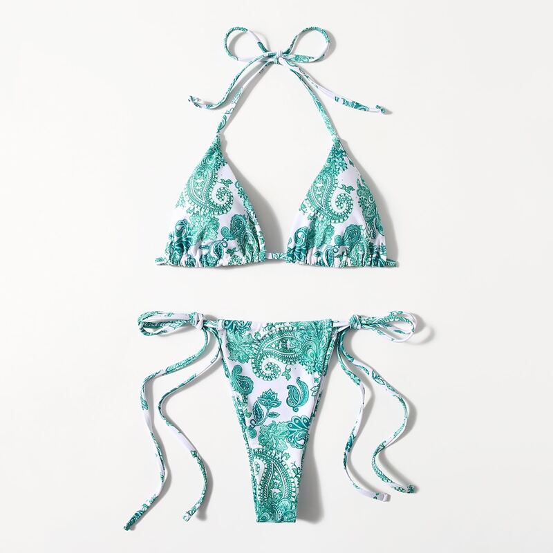 

Paisley Print Triangle Thong Bikini Swimsuit, Green