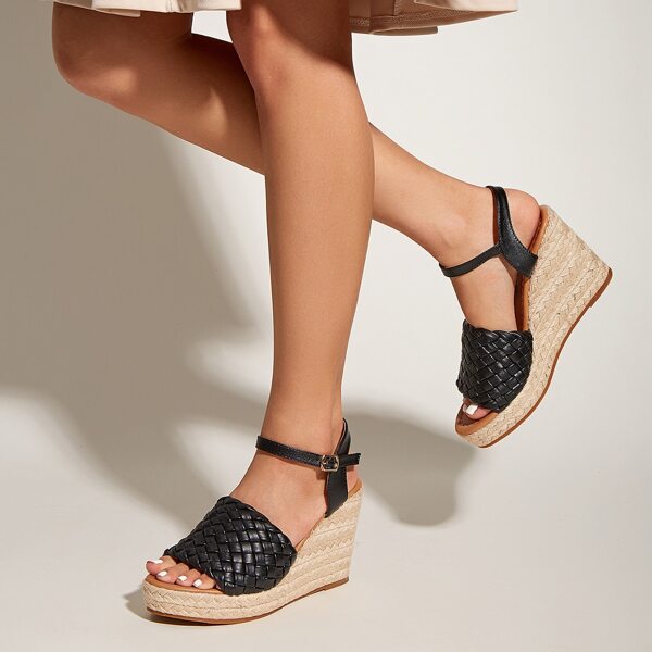

Braided Ankle Strap Wedge Sandals, Black