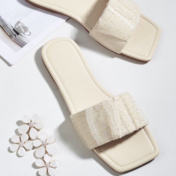 

Ruched Mesh Panel Slide Sandals, Beige
