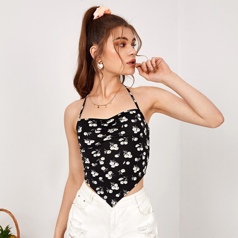 

Self Tie Daisy Floral Halter Top, Black